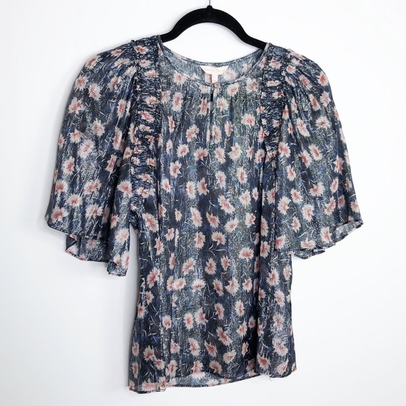 REBECCA Taylor navy blue floral sheer shimmer blouse - Picture 8 of 9